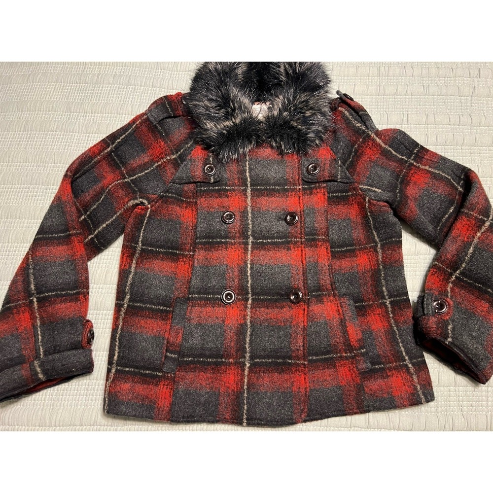 VTG Tasha Polizzi Double Breasted Red Flannel Faux Fur Trim Leopard Lined Coat L